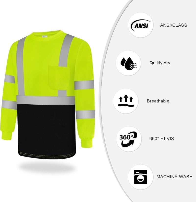 TCCFCCT Safety Shirt for Men Women - Class 3 High Visibility Long Sleeve Reflective Hi Vis - Construction Work Wear with Black Bottom, Durable, Breathable, Yellow S - Image 3